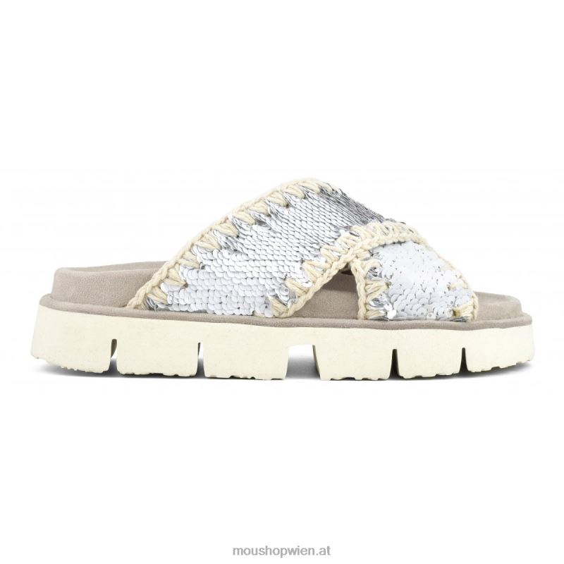 Frauen Gekreuzte Bio-Sandale, einfarbig Mou P660X151 Pailletten weiß-silber