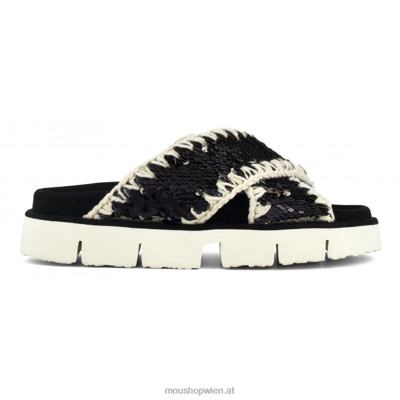 Frauen Gekreuzte Bio-Sandale, einfarbig Mou P660X152 Pailletten schwarz