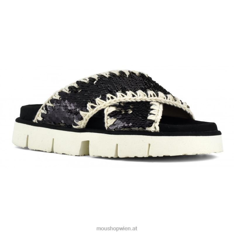 Frauen Gekreuzte Bio-Sandale, einfarbig Mou P660X152 Pailletten schwarz