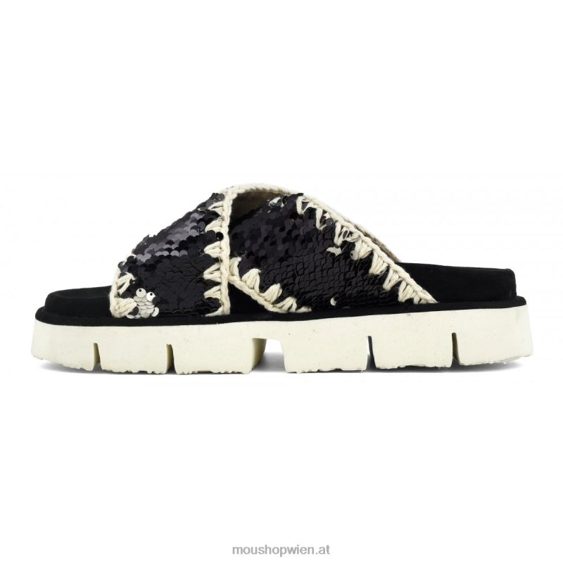 Frauen Gekreuzte Bio-Sandale, einfarbig Mou P660X152 Pailletten schwarz