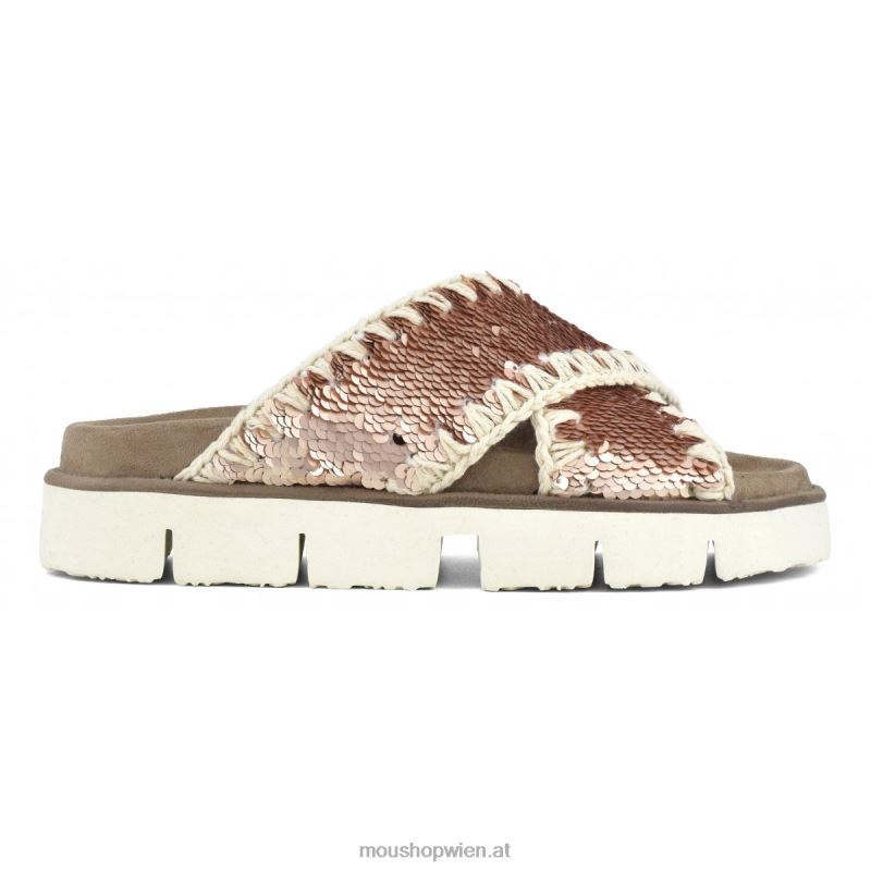 Frauen Gekreuzte Bio-Sandale, einfarbig Mou P660X153 Pailletten Roségold – Logo Gold