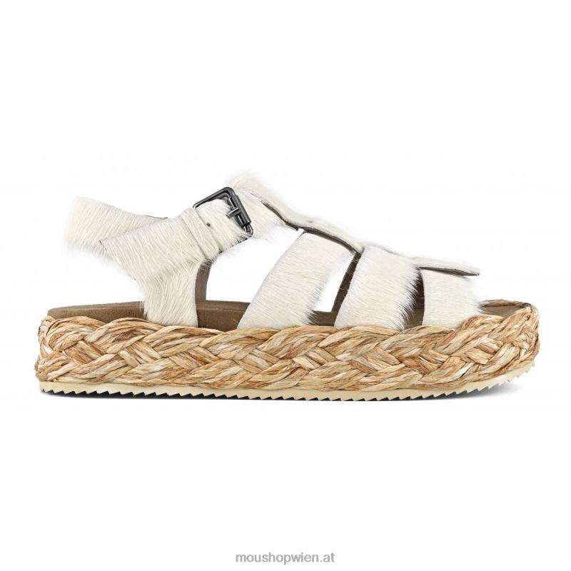 Frauen Sandale aus Bastgeflecht Mou P660X127 Langhaar-Pony-Kreide