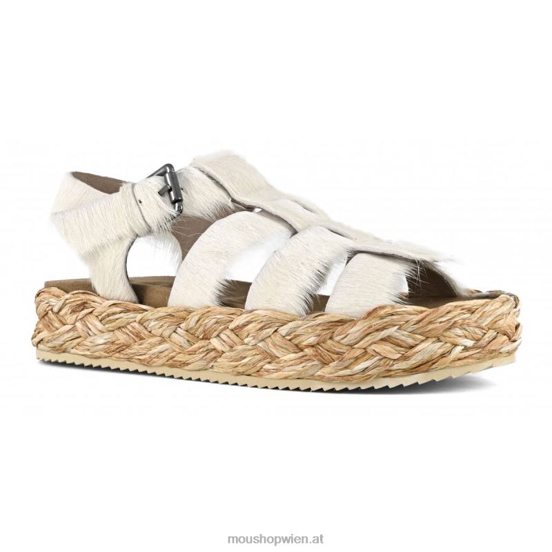Frauen Sandale aus Bastgeflecht Mou P660X127 Langhaar-Pony-Kreide