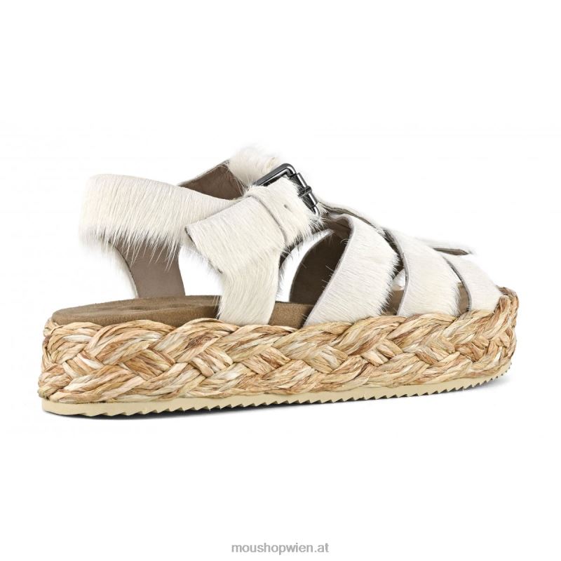 Frauen Sandale aus Bastgeflecht Mou P660X127 Langhaar-Pony-Kreide