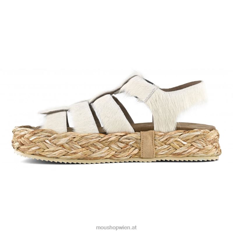 Frauen Sandale aus Bastgeflecht Mou P660X127 Langhaar-Pony-Kreide