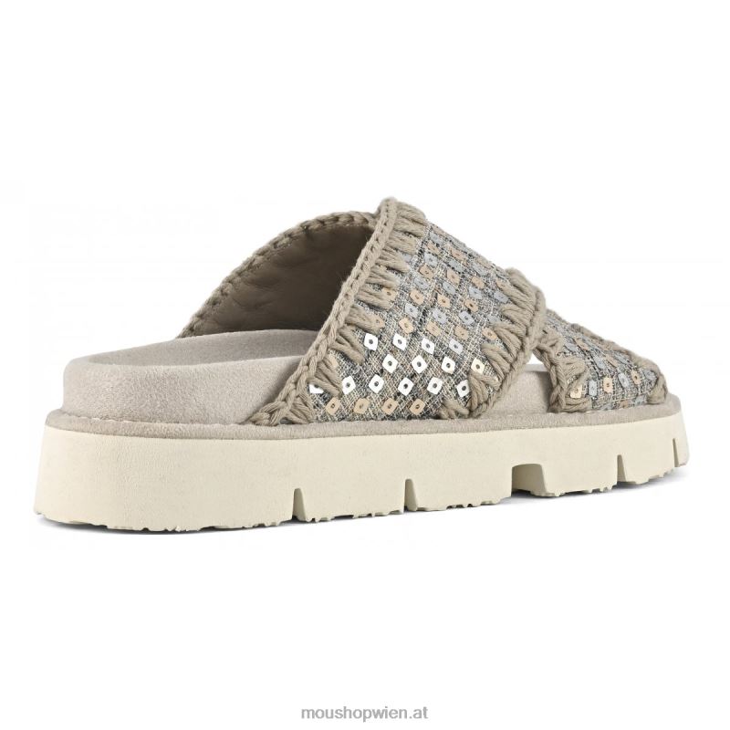 Frauen Überkreuzte Bio-Sandale aus Denim und Pailletten Mou P660X149 Gold