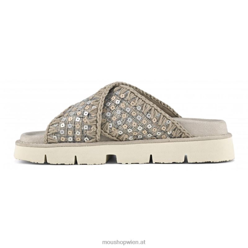 Frauen Überkreuzte Bio-Sandale aus Denim und Pailletten Mou P660X149 Gold