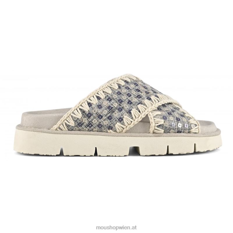 Frauen Überkreuzte Bio-Sandale aus Denim und Pailletten Mou P660X150 Marine