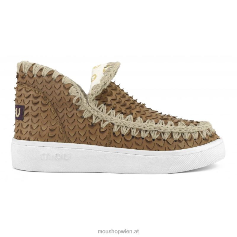Frauen Sommer-Eskimo-Sneaker aus Leder Mou P660X17 Leder mit Schuppen/Schnitten cognac