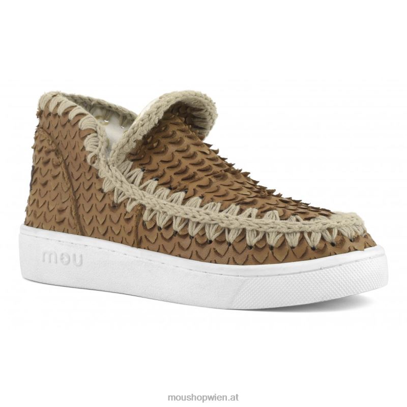 Frauen Sommer-Eskimo-Sneaker aus Leder Mou P660X17 Leder mit Schuppen/Schnitten cognac