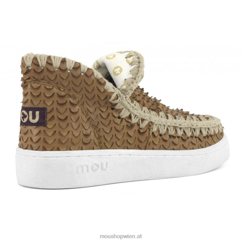Frauen Sommer-Eskimo-Sneaker aus Leder Mou P660X17 Leder mit Schuppen/Schnitten cognac