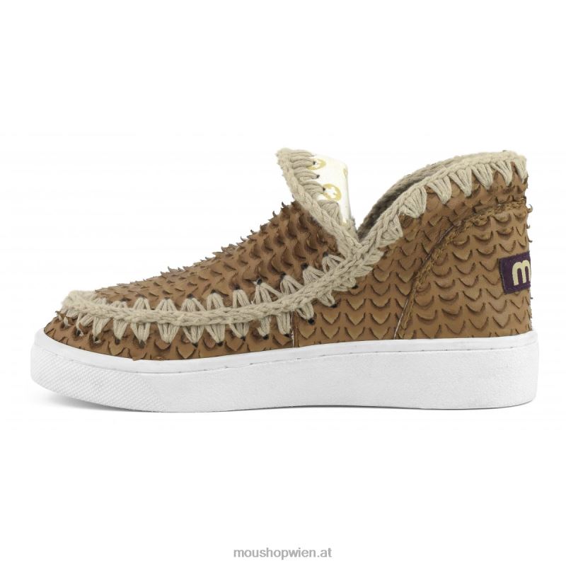 Frauen Sommer-Eskimo-Sneaker aus Leder Mou P660X17 Leder mit Schuppen/Schnitten cognac
