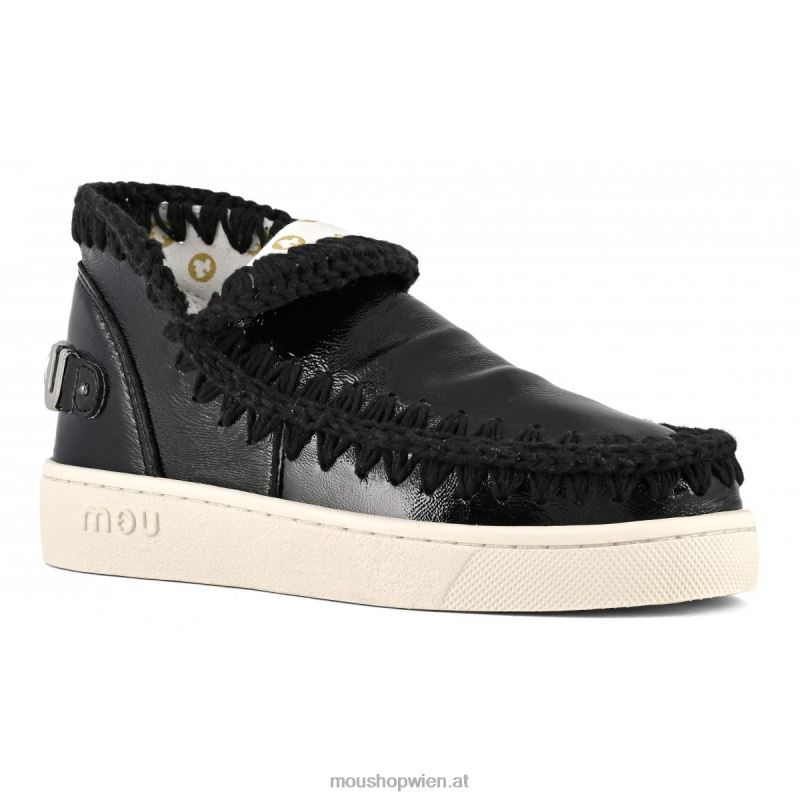 Frauen Sommer-Eskimo-Sneaker aus Leder Mou P660X56 Lackschwarz