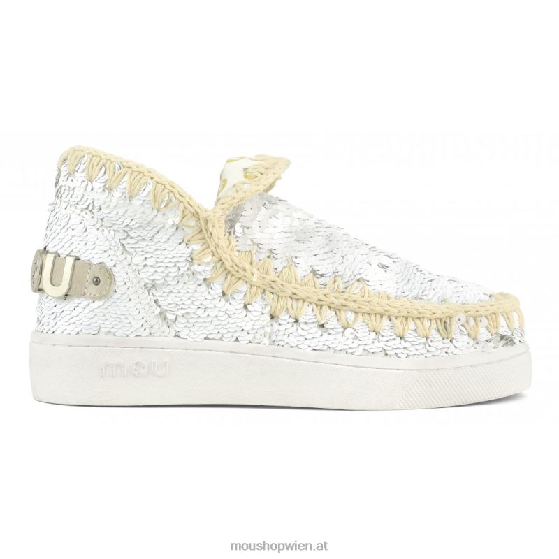 Frauen Sommer-Sneaker mit Eskimo-Pailletten Mou P660X48 Pailletten weiß-silber