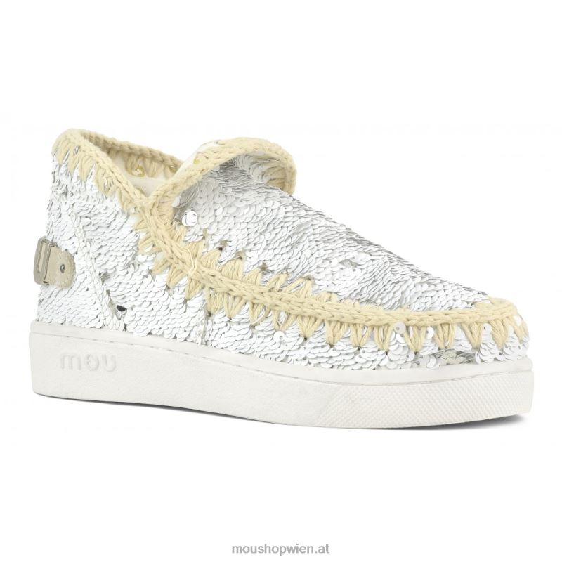 Frauen Sommer-Sneaker mit Eskimo-Pailletten Mou P660X48 Pailletten weiß-silber