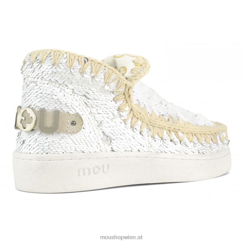 Frauen Sommer-Sneaker mit Eskimo-Pailletten Mou P660X48 Pailletten weiß-silber