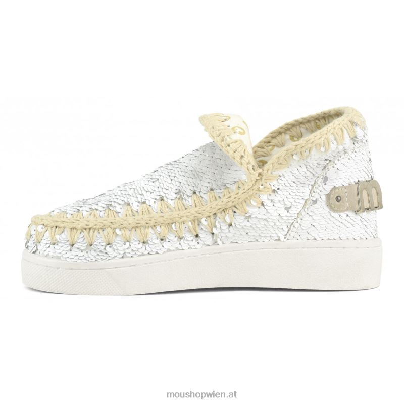Frauen Sommer-Sneaker mit Eskimo-Pailletten Mou P660X48 Pailletten weiß-silber