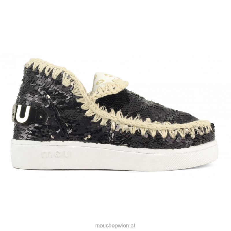Frauen Sommer-Sneaker mit Eskimo-Pailletten Mou P660X49 Pailletten schwarz-mattsilber