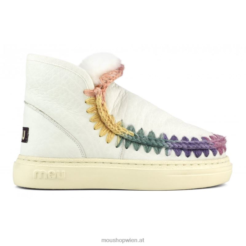 Frauen Eskimo-Sneaker mit auffälligen Regenbogennähten Mou P660X728 Nubuk echtes Weiß