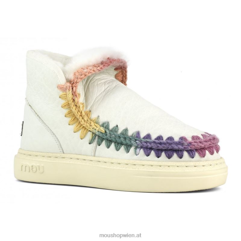 Frauen Eskimo-Sneaker mit auffälligen Regenbogennähten Mou P660X728 Nubuk echtes Weiß