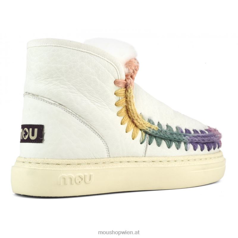 Frauen Eskimo-Sneaker mit auffälligen Regenbogennähten Mou P660X728 Nubuk echtes Weiß