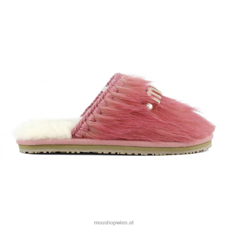 Frauen Geschlossene Fellpantoffeln mit Logo aus Langhaar-Ponyleder Mou P660X501 Langhaarpony rosa fuxia