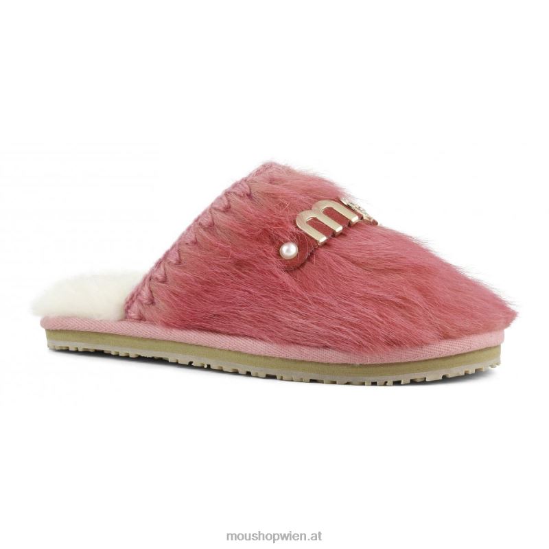 Frauen Geschlossene Fellpantoffeln mit Logo aus Langhaar-Ponyleder Mou P660X501 Langhaarpony rosa fuxia