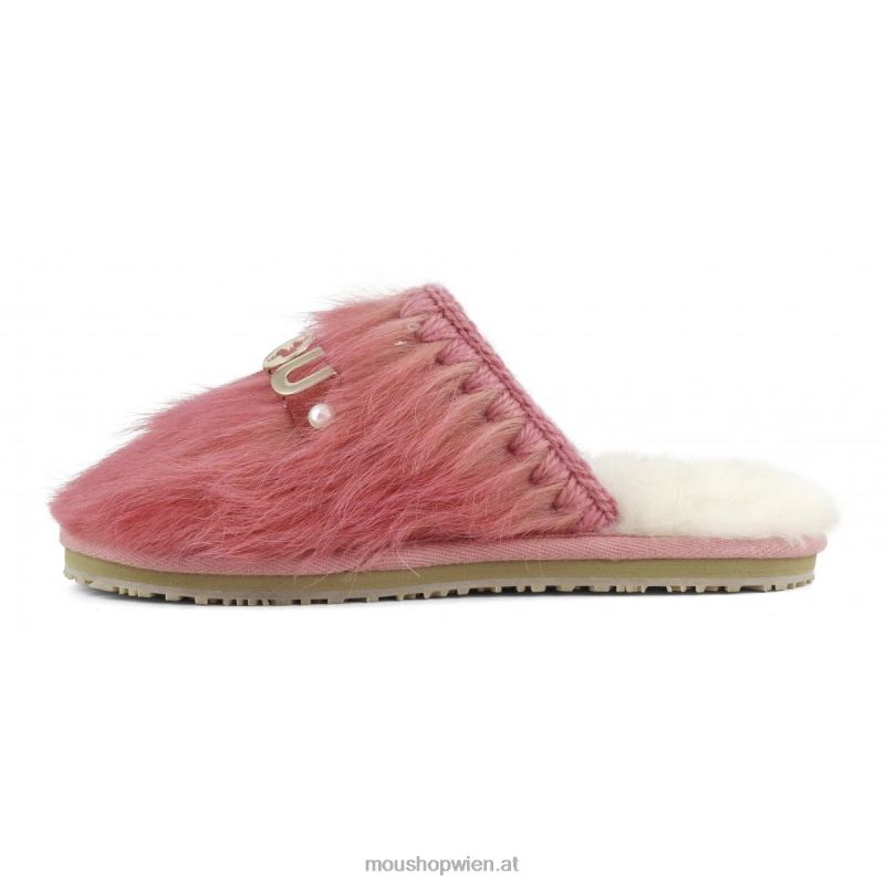 Frauen Geschlossene Fellpantoffeln mit Logo aus Langhaar-Ponyleder Mou P660X501 Langhaarpony rosa fuxia