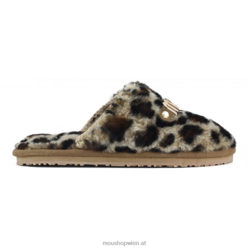 Frauen Geschlossene Pelzpantoffeln mit Logo-bedrucktem Lammfell Mou P660X498 schwarz/leopard