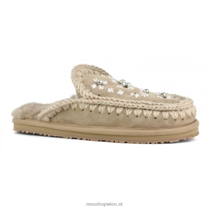 Frauen Hausschuhe aus Wollblumen und Perlen Mou P660X434 Kamel