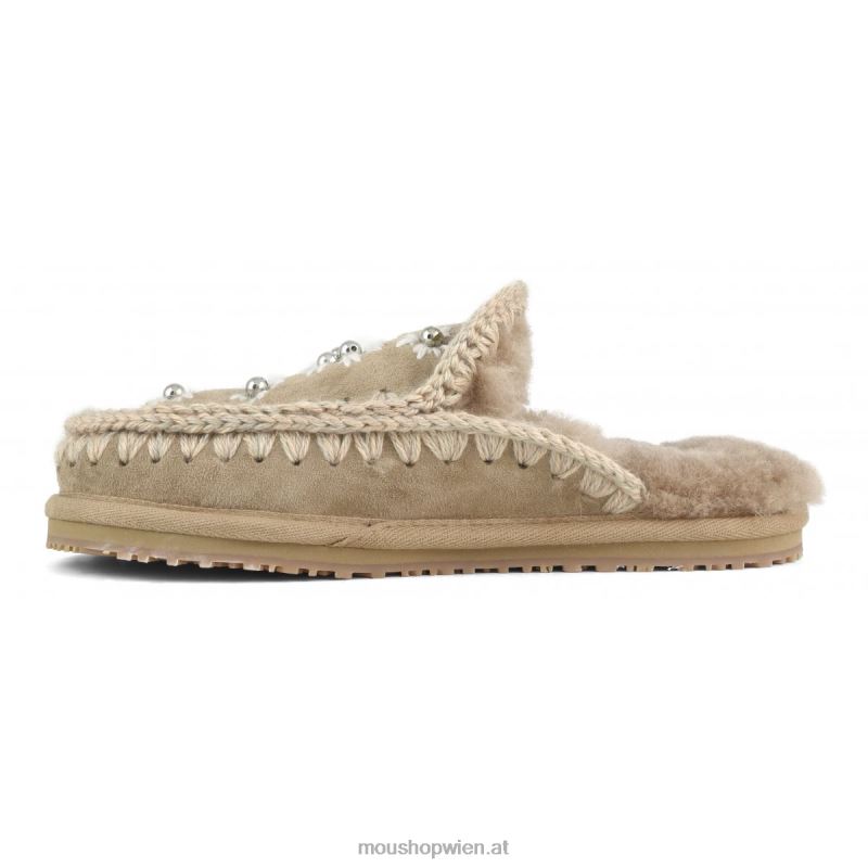 Frauen Hausschuhe aus Wollblumen und Perlen Mou P660X434 Kamel