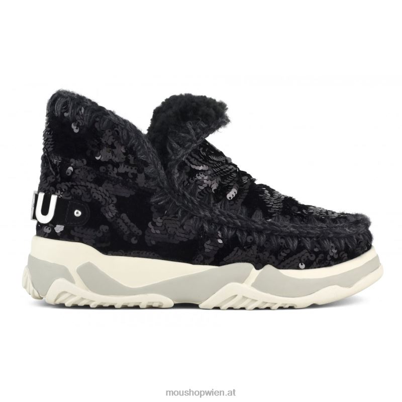 Frauen Eskimo-Sneaker mit Pailletten Mou P660X704 schillernde Pailletten blau schwarz auf schwarz