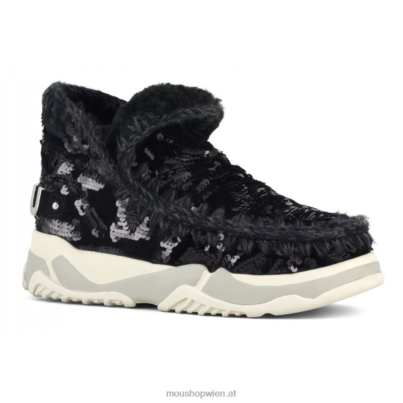 Frauen Eskimo-Sneaker mit Pailletten Mou P660X704 schillernde Pailletten blau schwarz auf schwarz