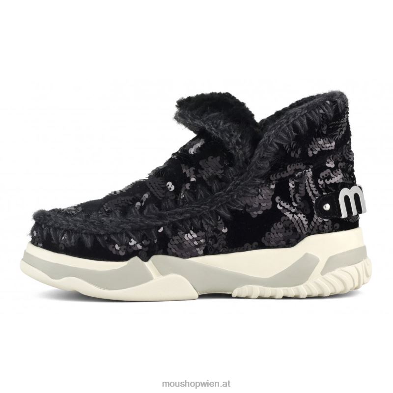 Frauen Eskimo-Sneaker mit Pailletten Mou P660X704 schillernde Pailletten blau schwarz auf schwarz