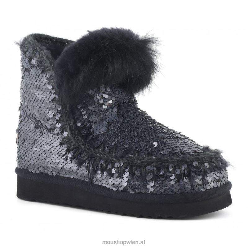 Frauen Eskimo-Kaninchenfellbesatz mit Pailletten Mou P660X378 Pailletten neu schwarz