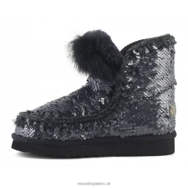 Frauen Eskimo-Kaninchenfellbesatz mit Pailletten Mou P660X378 Pailletten neu schwarz