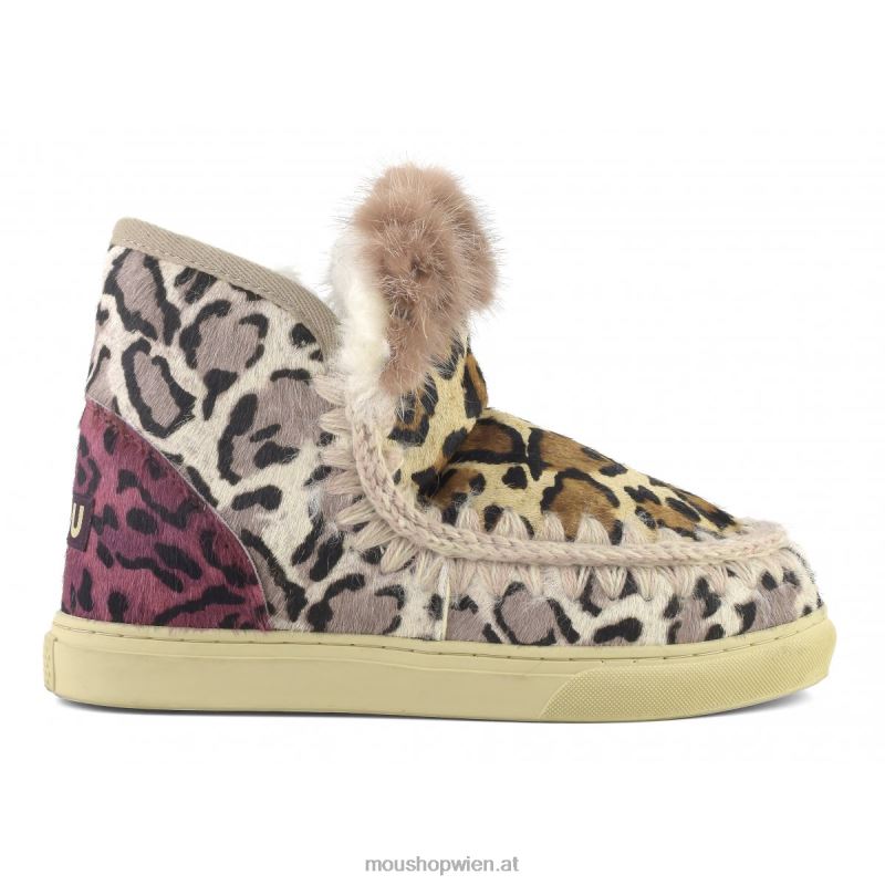 Frauen Eskimo-Sneaker aus Ponyfell-Mix-Patchwork Mou P660X655 großer Leopardensand
