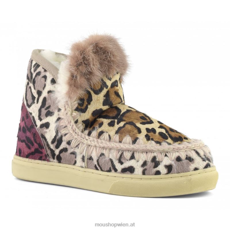 Frauen Eskimo-Sneaker aus Ponyfell-Mix-Patchwork Mou P660X655 großer Leopardensand