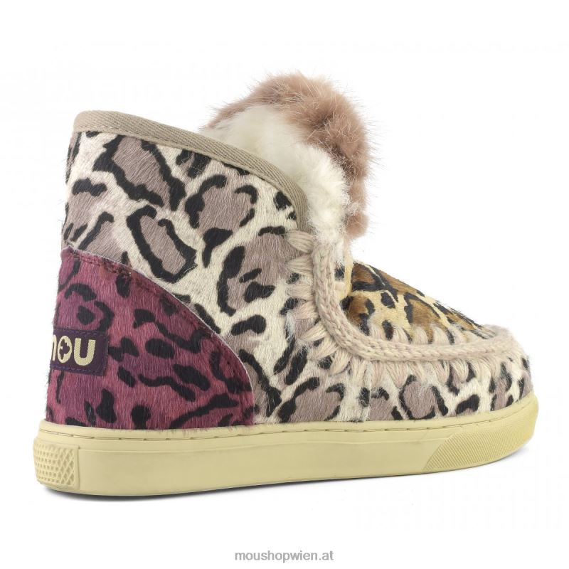 Frauen Eskimo-Sneaker aus Ponyfell-Mix-Patchwork Mou P660X655 großer Leopardensand