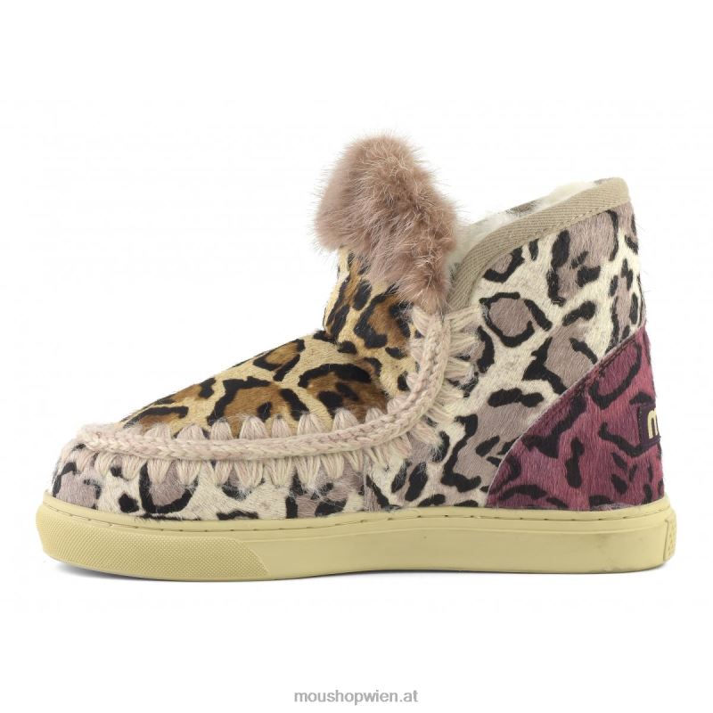 Frauen Eskimo-Sneaker aus Ponyfell-Mix-Patchwork Mou P660X655 großer Leopardensand