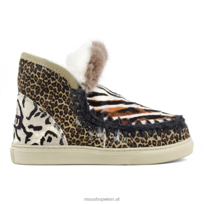 Frauen Eskimo-Sneaker aus Ponyfell-Mix-Patchwork Mou P660X658 Zebra mit weißem Hintergrund und Orange
