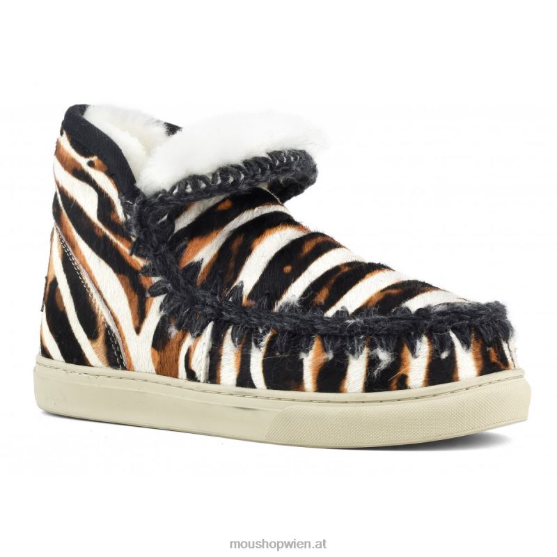 Frauen Eskimo-Sneaker aus Ponyfell Mou P660X677 Zebra mit weißem Hintergrund und Orange