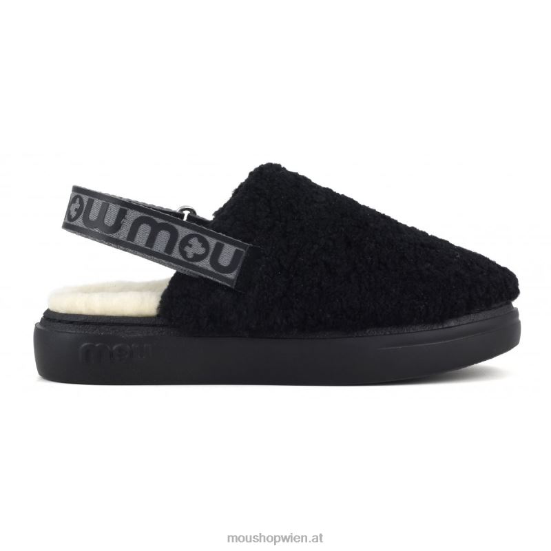 Frauen Kräftiger Clog aus lockigem Schaffell und Fersenriemen Mou P660X517 Schwarz