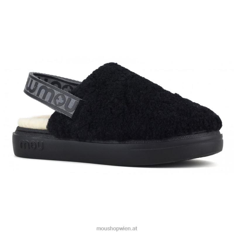 Frauen Kräftiger Clog aus lockigem Schaffell und Fersenriemen Mou P660X517 Schwarz