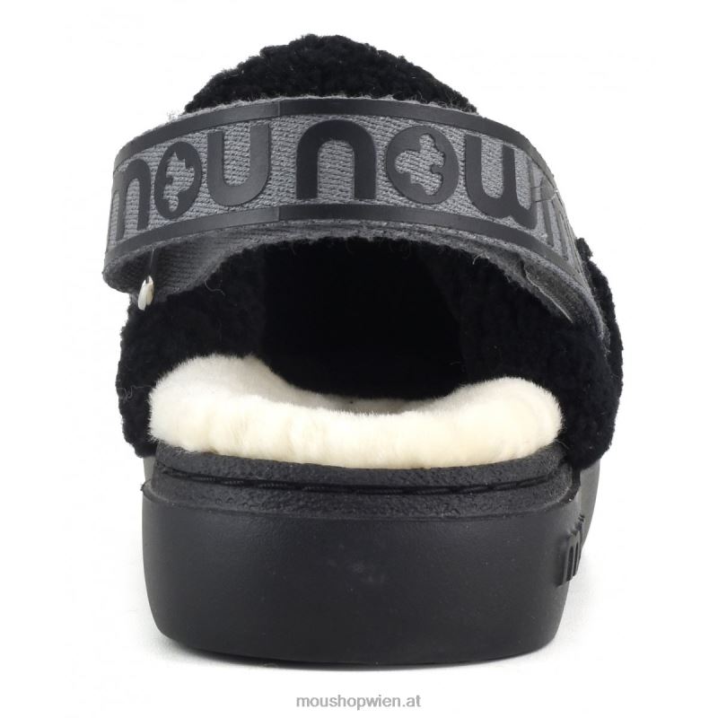 Frauen Kräftiger Clog aus lockigem Schaffell und Fersenriemen Mou P660X517 Schwarz