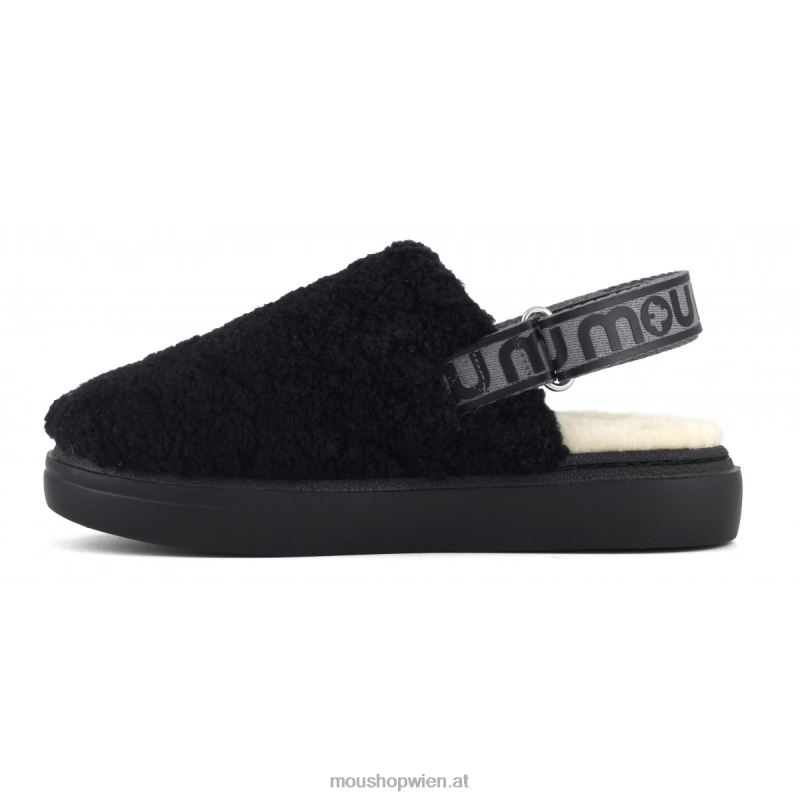 Frauen Kräftiger Clog aus lockigem Schaffell und Fersenriemen Mou P660X517 Schwarz