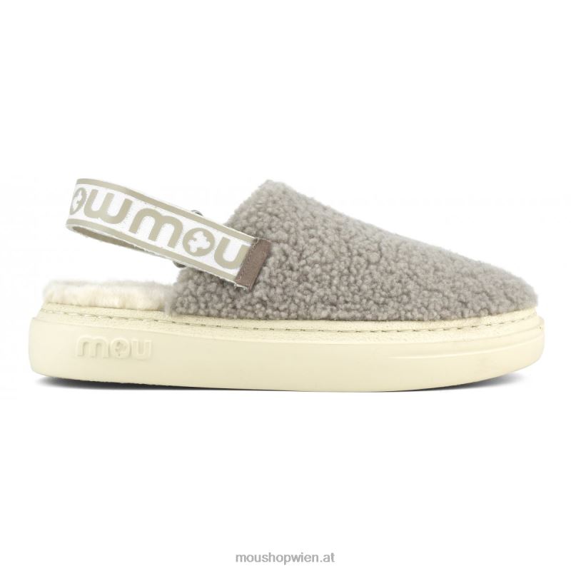 Frauen Kräftiger Clog aus lockigem Schaffell und Fersenriemen Mou P660X519 Elefantengrau