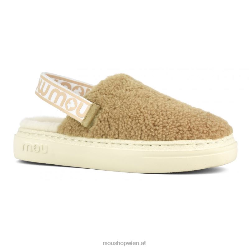 Frauen Kräftiger Clog aus lockigem Schaffell und Fersenriemen Mou P660X520 Cognac