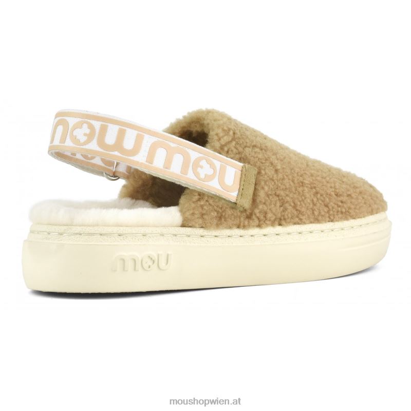 Frauen Kräftiger Clog aus lockigem Schaffell und Fersenriemen Mou P660X520 Cognac