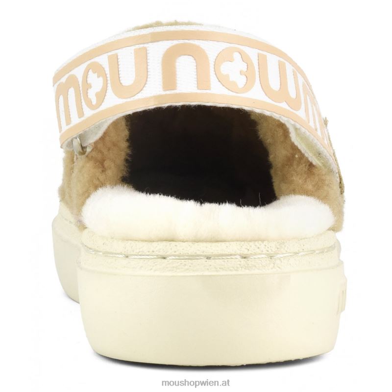 Frauen Kräftiger Clog aus lockigem Schaffell und Fersenriemen Mou P660X520 Cognac